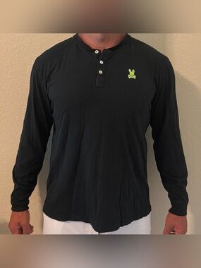 Psycho Bunny Black Long-Sleeve Henley with Neon Green Bunny Logo
